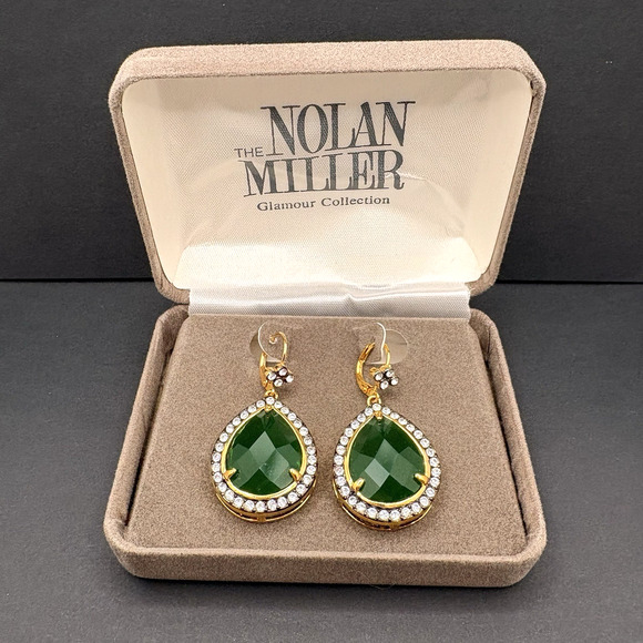 Vintage Nolan Miller Glamour Collection Royal Pear Drop Earrings Emerald Green - Picture 1 of 10